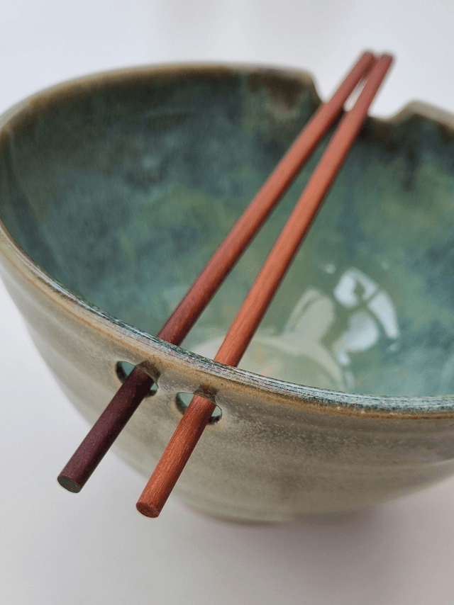 Ramen Bowl in Green Ocean - White Stoneware clay