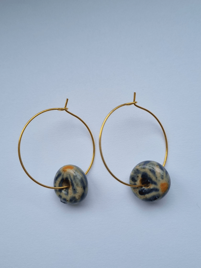 Slightly Flawed Ceramic Hoop Circle Earring - Blue Flower