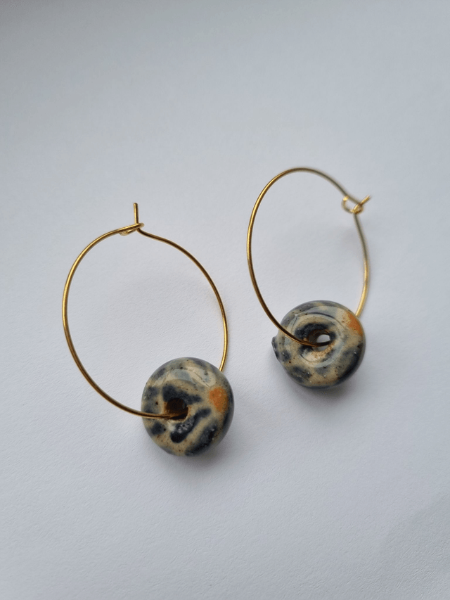 Slightly Flawed Ceramic Hoop Circle Earring - Blue Flower