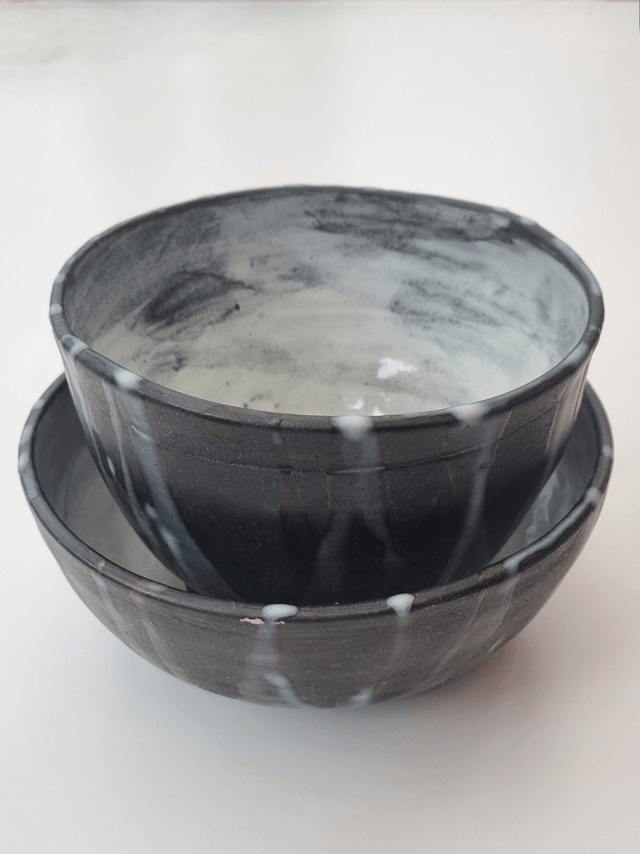 Wide Black & White Dripping Medium Bowl