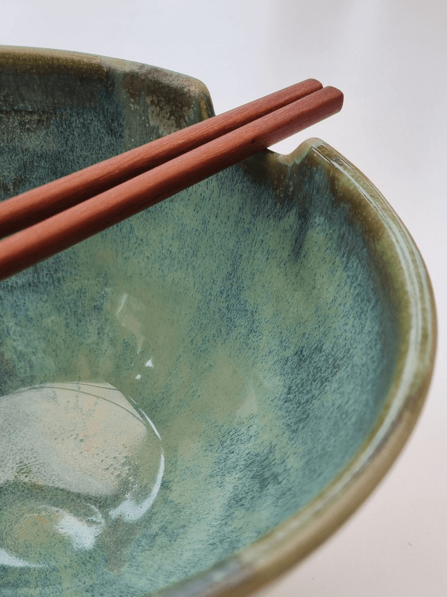 Ramen Bowl in Green Ocean - White Stoneware clay