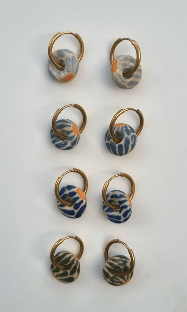 Ceramic Golden Hoop Earrings – Turquoise Flower