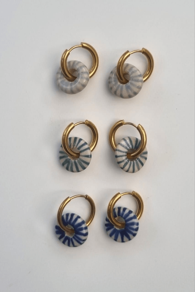 Ceramic Golden Hoop Earrings – Klein Blue Stripes