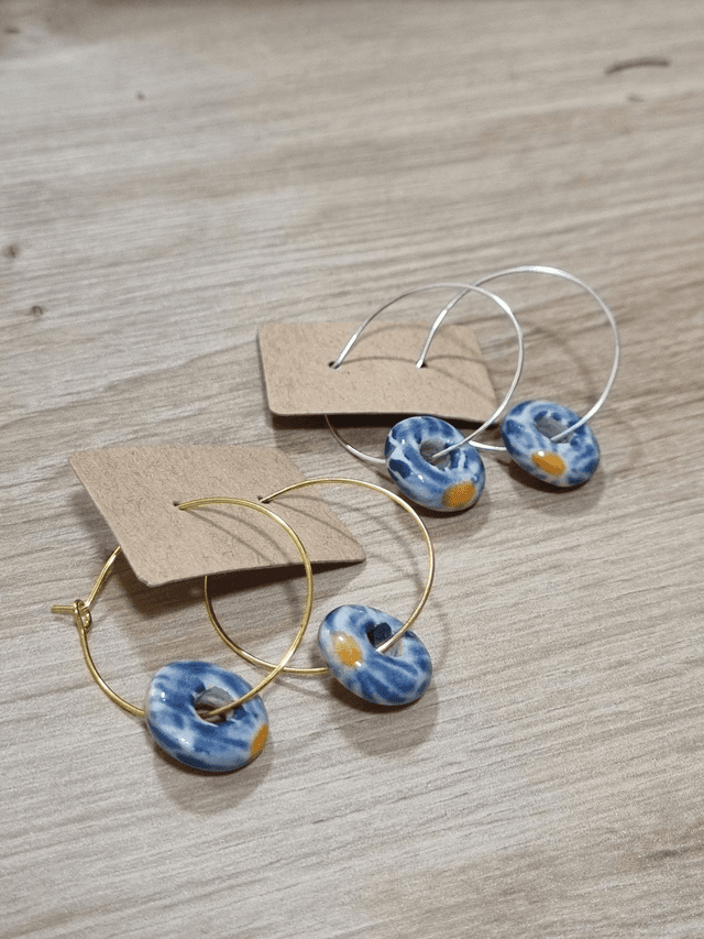Ceramic Hoop Circle Earrings - Blue Flower
