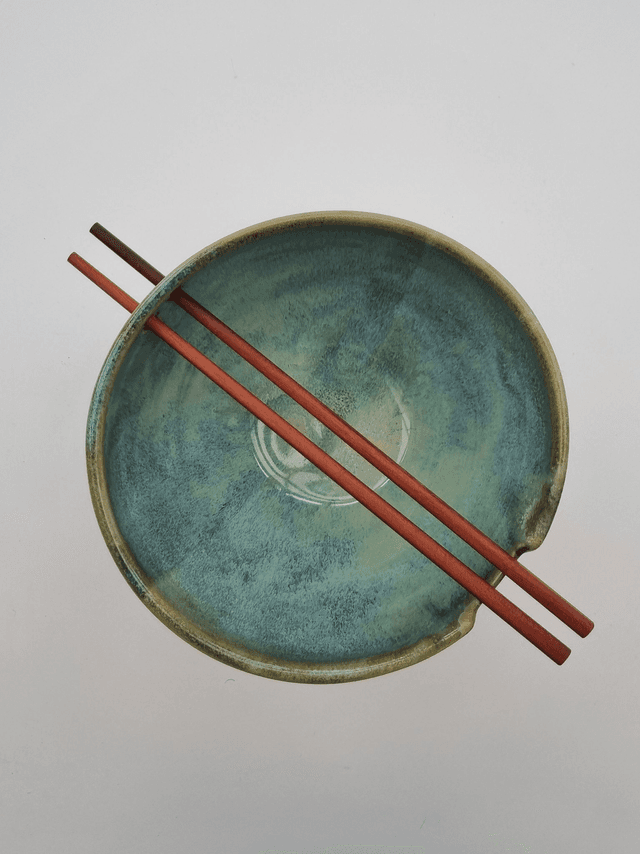 Ramen Bowl in Green Ocean - White Stoneware clay